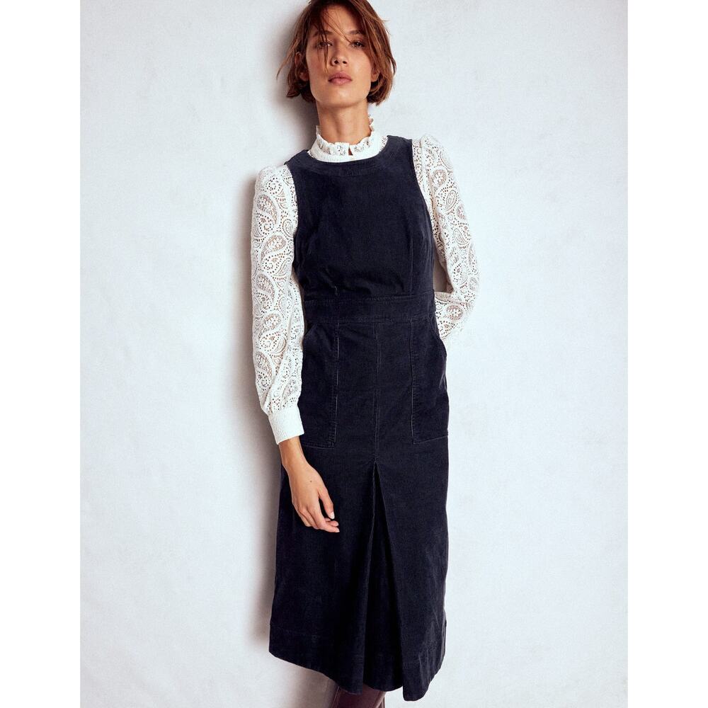 Boden Navy Midi Pinafore Dress with White Lace Sleeve Top - Picture 10 of 10